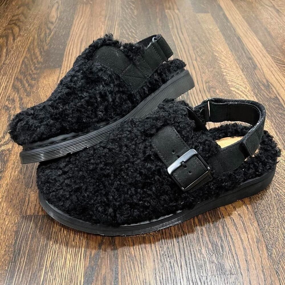dr. martens jorge black borg slingback mules faux fur lined deluxe fleece 8W/7M